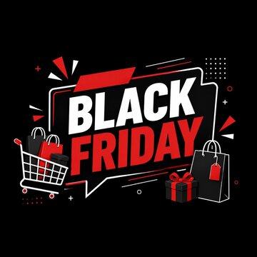 Black Friday sale text with shopping cart, gift box, and shopping bags on black background