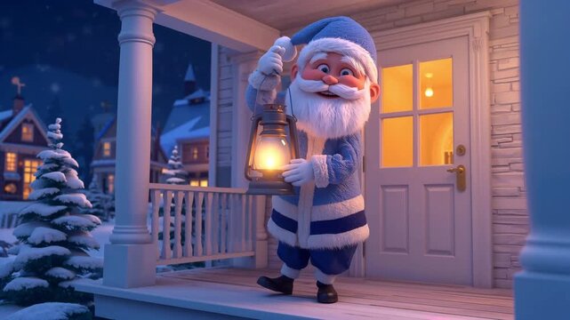 Cute cartoon Santa Claus with a lantern near the house in winter, festive mood