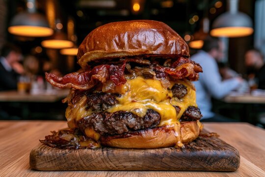 A towering, double-patty burger with melted cheese and crispy bacon (2)