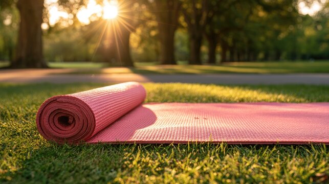 Rolled yoga mat rests on sun-drenched green grass in a park