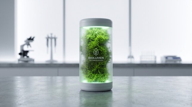 Biolumen technologies cylinder glass container with glowing green moss plant inside a futuristic laboratory table