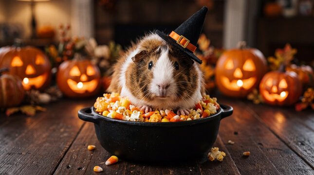 A cute guinea pig wearing a witch hat sitting in a black cauldron filled with popcorn and candy corn, surrounded by jackolanterns
