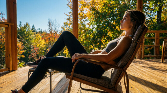 Fit woman relaxing in modern chair on wooden porch enjoying serene outdoor atmosphere
