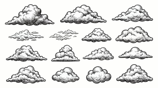 Collection of vintage hand drawn cloud illustrations in engraving style on white background, illustrating antique weather maps or symbolizing artistic sky elements