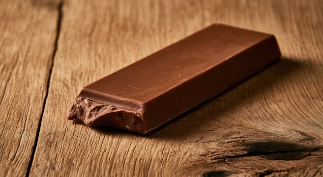 A single bar of milk chocolate rests on a rustic wooden surface