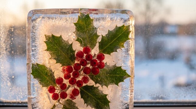 Christmas holly branch with red berries frozen inside a clear ice block next to a window with snowy winter background