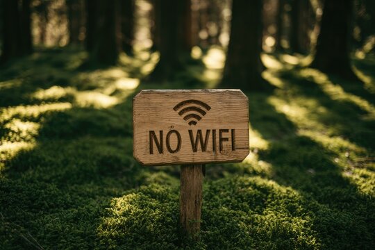 Wooden sign in a sun-dappled forest says "NO WIFI