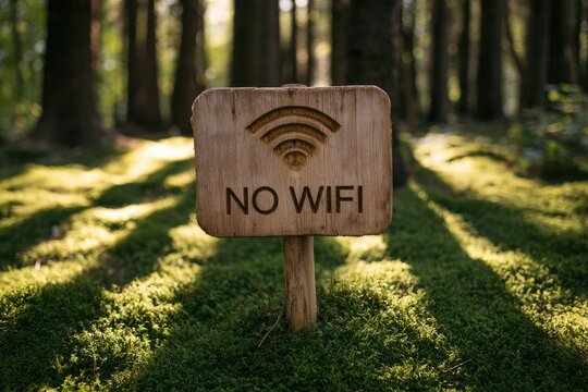 Rustic wooden sign in sun-dappled forest warns of no Wi-Fi