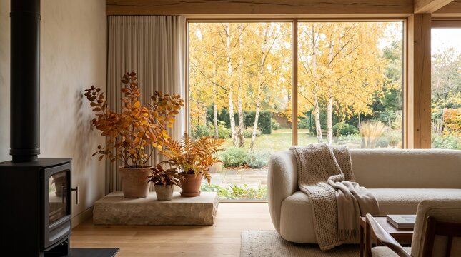 Cozy minimalist living room interior with a warm boucle sofa and large window looking out to golden autumn foliage trees