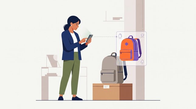 Woman using smartphone to scan qr code on backpack cargo box in warehouse logistics shipping environment with smartphone backpack warehouse logistics shipping inventory tracking delivery