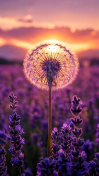 Close-up of a delicate dandelion seed head backlit by a golden sunset over a field of purple lavender flowers with a soft dreamy atmospheric glow in the air