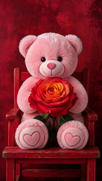 Cute pink plush teddy bear sitting on a small red wooden chair holding a large red rose against a textured red backdrop with heart symbols on the bear's feet