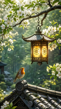 Small orange bird perched on traditional tiled roof under a glowing ornate lantern and blooming white cherry blossom branches in a serene East Asian garden setting at dawn