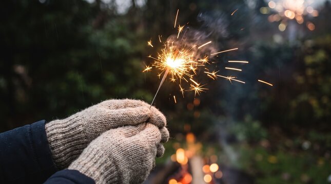 Close up of hands in cozy wool mittens holding a glowing sparkling wire sparkler during festive outdoor bonfire night