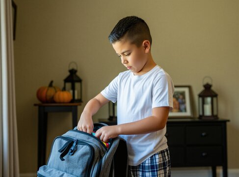 Young boy packs gray backpack for school at home. Child puts supplies in bag. Boy gets ready for learning. Morning routine domestic activity.