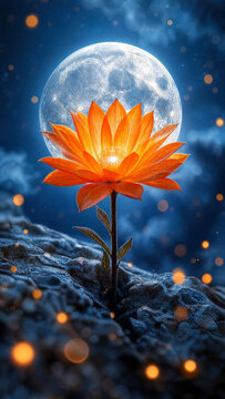 Ethereal orange flower blooming from a dark rocky surface under a giant luminous full moon in a starry deep blue night sky with floating golden embers and light