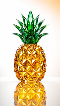 Modern decorative crystal pineapple sculpture with faceted yellow glass body and green glass leaves standing on a reflective white surface against a clean minimalist bright background