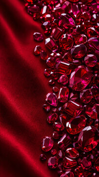 Luxurious pile of faceted red gemstones and rubies scattered across a smooth shimmering red satin fabric with soft highlights and deep shadows for a rich opulent composition