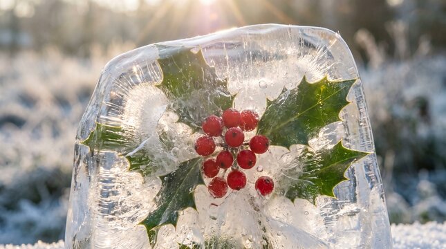 Vibrant red christmas holly berries and green leaves frozen inside pure clear ice block under winter morning sun flare