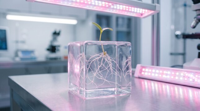 Small green seedling with visible root system growing in glass cube under pink led light inside modern science laboratory