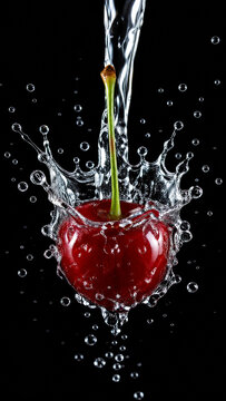 Fresh red cherry falling into clear water creating a dynamic splash with floating droplets and bubbles against a deep black background in high speed photography