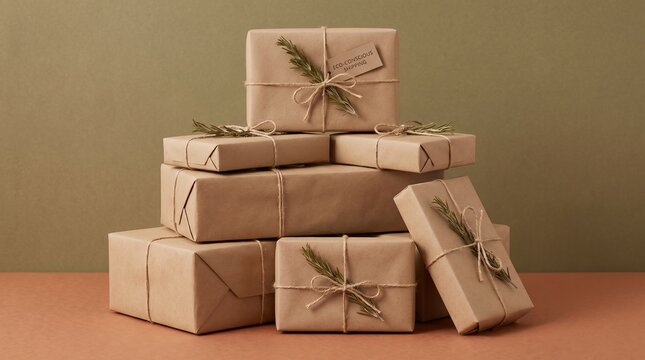 Eco friendly Christmas shopping parcels wrapped in brown kraft paper with organic jute twine ribbon and fresh rosemary