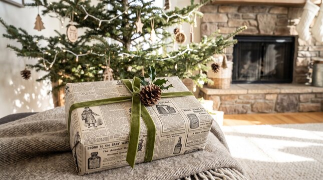 Cozy minimalist Christmas gift box wrapped in vintage newspaper print with green velvet ribbon under the holiday pine tree