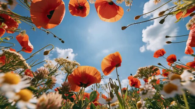 Vibrant red poppies and wildflowers viewed from below against bright blue summer sky, sunny meadow perspective with daisies and warm natural sunlight