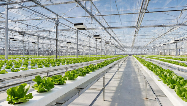 Large modern industrial greenhouse interior with rows of hydroponic lettuce cultivation greenhouse hydroponics agriculture vegetables cultivation technology industrial production