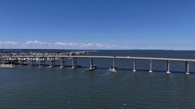 Aerial view of Washington Baum Bridge spanning Roanoke Sound to connect Roanoke Island with Nags Head in Outer Banks, North Carolina.