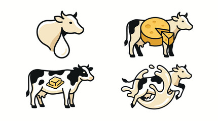 Fototapeta premium Set of creative dairy product logo designs featuring cows and farm produce.