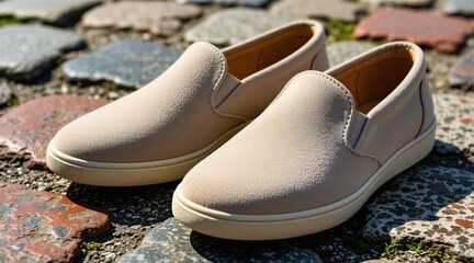 Naklejka premium Pair of beige slipon shoes sit on old grey cobblestone road surface. Minimalist leather footwear rests outdoors under bright sun lighting. Comfortable casual summer sneakers stand on textured