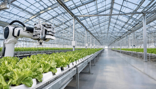 Automated robotic arm working in a modern industrial hydroponic greenhouse facility with robotics automation greenhouse hydroponics agriculture technology industrial vegetables hightech