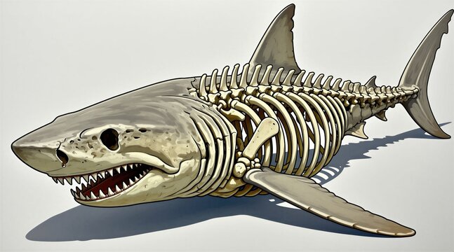 Detailed skeleton illustration showing anatomical bone structure of dangerous marine predator. Ancient fossilized creature bones displayed for paleontology study on white background. Scientific