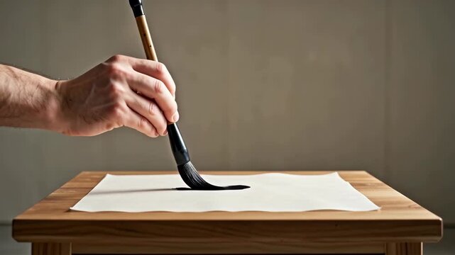 Artist paints one black ink stroke on rice paper