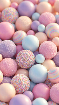 Colorful 3D render of various pastel candy spheres including sugary sprinkled treats and striped chocolates arranged in a dense pile with soft cinematic studio lighting and depth