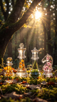Conceptual 3D render of glass chess pieces containing miniature seasonal landscapes including autumn leaves and evergreen trees placed on a mossy forest floor with golden sunlight flare
