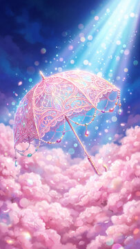 Whimsical digital illustration of an ornate pink lace umbrella with pearls floating above fluffy pink clouds under a blue sky with magical light rays and sparkles