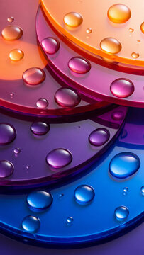 Abstract composition of overlapping colorful transparent glass discs in blue, purple and orange tones featuring crystal clear water droplets and light refraction effects