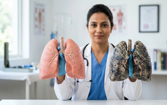 Female doctor comparing healthy and damaged lungs in medical office with respiratory comparison pulmonary physician