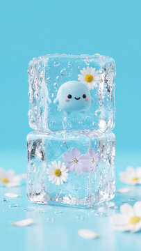 Cute small blue cartoon character and white daisies frozen inside two stacked clear crystal ice cubes on a bright blue background, conceptual digital art with water droplets and shimmering reflections