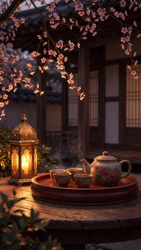 Peaceful evening tea scene with a ceramic teapot and cups on a wooden tray beside a glowing ornate gold lantern under blooming cherry blossom branches at a traditional house