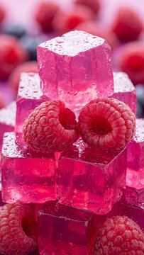 Macro close-up of translucent pink gelatin cubes topped with fresh ripe red raspberries with glistening water droplets on a bright pink background for a sweet summer dessert concept