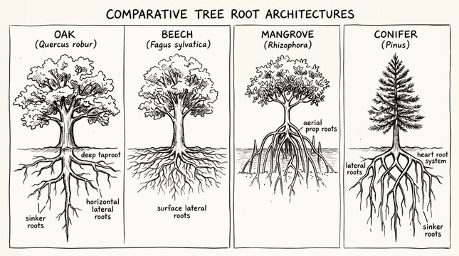 Educational diagram showing comparative tree root architectures of oak beech mangrove and conifer species.