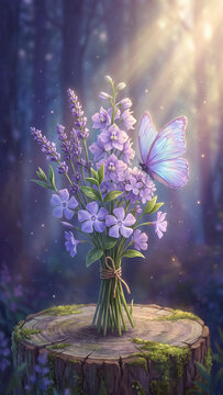 Enchanting bouquet of purple lavender and wildflowers tied with twine resting on a mossy tree stump in a mystical forest with a shimmering butterfly and soft ethereal sunlight rays