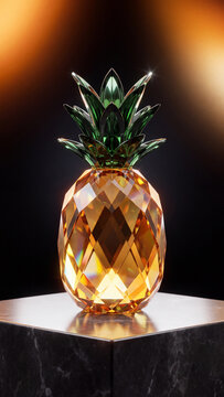 Luxurious faceted crystal pineapple sculpture with orange glass body and green crown sitting on a polished black marble pedestal against a dark background with warm light and sharp reflections.
