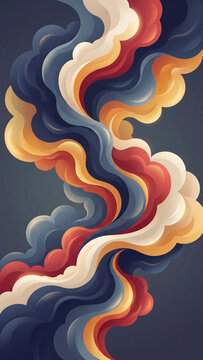Abstract digital art featuring fluid swirling waves of red, blue, yellow, and white colors with smooth gradients and dynamic movement against a neutral dark grey background