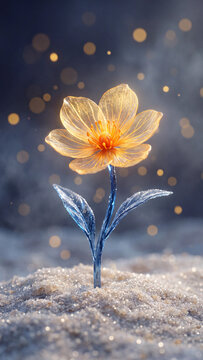 Conceptual 3D render of a translucent golden flower with a glowing blue stem emerging from sparkling crystalline sand under a dark night sky with soft golden bokeh lights and mystical atmosphere.