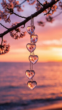 Decorative glass heart pendants containing flower petals hanging from a flowering cherry blossom branch over a calm ocean during a golden sunset with warm orange and purple skies.