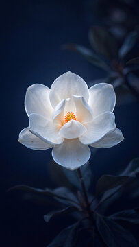Sophisticated close-up photograph of a white magnolia flower in full bloom featuring a golden center and smooth petals against a moody dark background with soft leaf silhouettes
